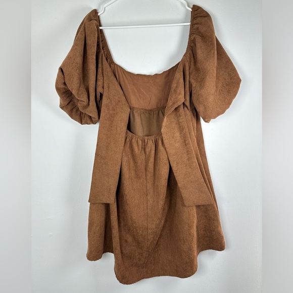 Blue Rain Women's Cassie Bow Back Corduroy Puff Sleeve Mini Brown Dress, Size L - Picture 9 of 12